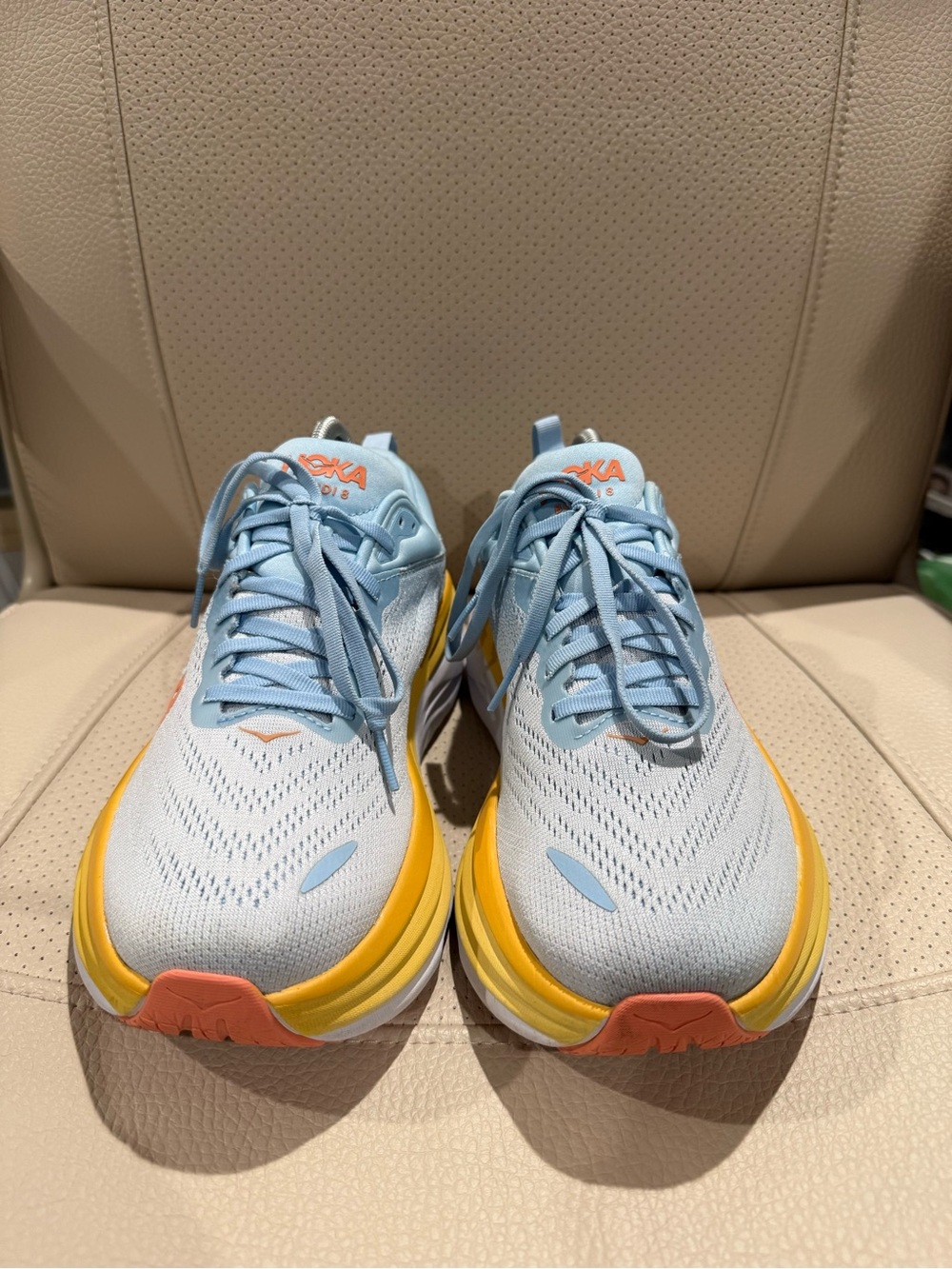 Size 9 - Hoka One Bondi 8 Women's Light Blue and Yellow Athletic Running Shoes - Picture 2 of 7